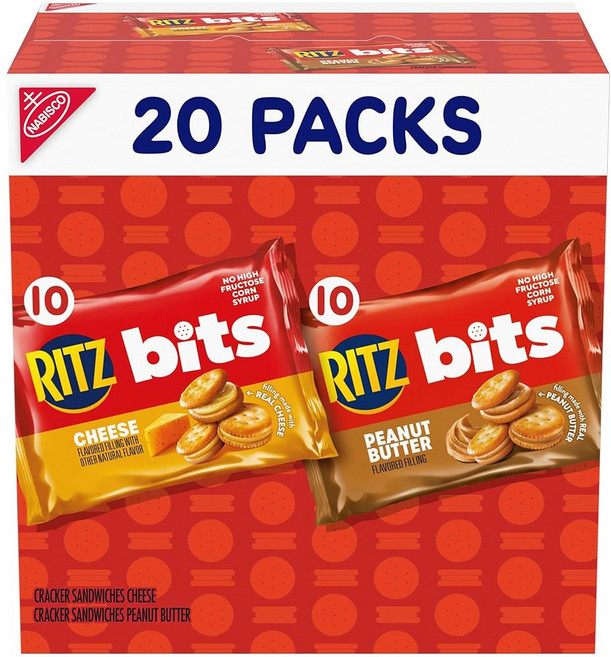 RITZ 리츠 Bits Cheese AND & 땅콩 버터 샌드위치 크래커 버라이어티 팩 런치 스낵 스낵 팩 20개, 20 Count (Pack of 4), 28g, 1