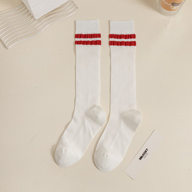 라인 메쉬 니삭스 여름 골프양말 여성 스포츠 무릎 양말 시스루니삭스, 화이트 레드라인, 2개