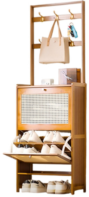 多功能楠竹掛鉤翻斗鞋櫃：家用小戶型玄關收納 透氣藤編穿鞋椅掛衣架, 茶色單層-二門70長(可放12雙鞋), 2層