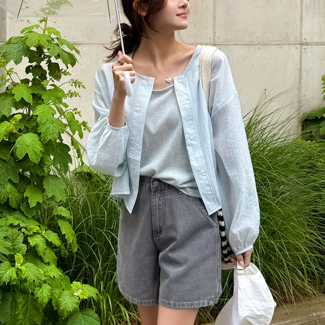 데일리앤 파니드 여성 라운드넥 시스루 얇은 긴팔 블라우스 여름 린넨 나시 투피스 세트