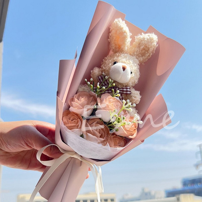玫瑰花畢業花束禮盒 仿真花教師節情人節禮物 隔日配, 1個, 小兔香皂花—咖色, 小兔香皂花—咖色