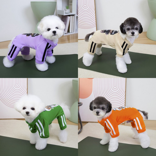 마일로앤코코 스트라이프 강아지 올인원 애견 츄리닝 트레이닝복 겨울옷 가을옷 실내복 잠옷 기모 외출복 산책옷, 1개, 베이지