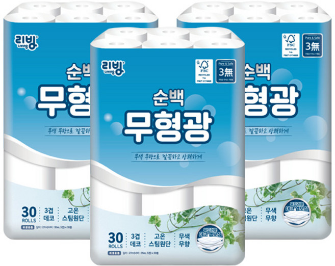 리빙 순백 무형광 화장지 27M 30롤 X3개, 3세트
