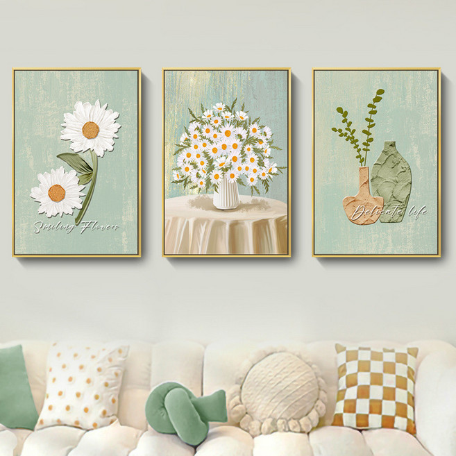 奶油風 現代簡約 花卉 三聯畫 沙發背景牆掛畫 內框畫, 黑色框畫A,30x40cm