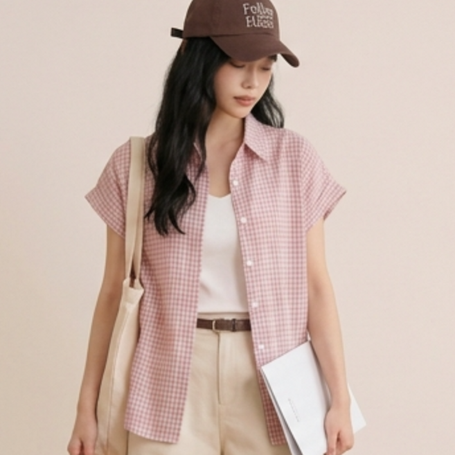 드마엘 여성 베르니 잔체크 반팔 카라 셔츠 (4color) + 델로나