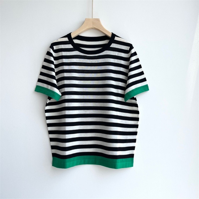 캐시미어 실크 스트라이프 포인트배색 반팔 라운드넥 니트 여성용고급니트