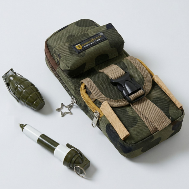 밀리터리 감성 대용량 필통 멀티 수납 펜슬케이스, 1개, 수류탄 그린