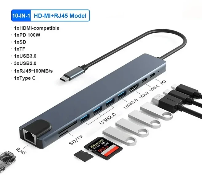 10 in USB C 허브 4K30Hz 도킹 스테이션 유형 C-HDTV 호환 RJ45 이더넷 PD100W(MacBook iPad Huawei Sumsan, 1개, 01 10 in 1