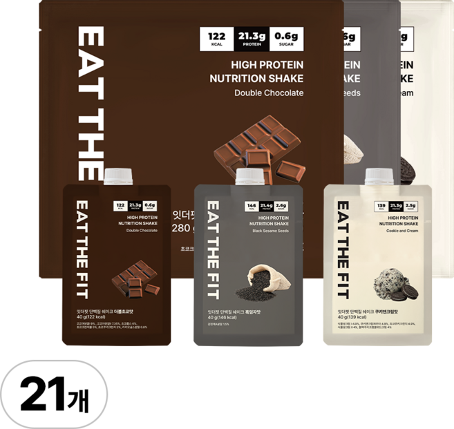 잇더핏 단백질 쉐이크 3주플랜 (더블초코맛 1주+흑임자맛 1주+쿠키앤크림맛 1주), 3개, 280g