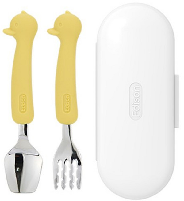 에디슨 유아 실리콘 스푼 포크 케이스 세트, 오리옐로우, 스푼 + 포크 + 케이스, 1세트