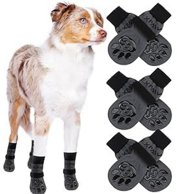 EXPAWLORER 발을 핥는 것을 방지하는 미끄럼 방지 강아지 양말 6개 뜨거운 포장 도로용 강아지 신발 견목 바닥에서 최고의 발바닥 보호 트랙션 컨트롤 강아지 소형 중, 블랙과 그레이