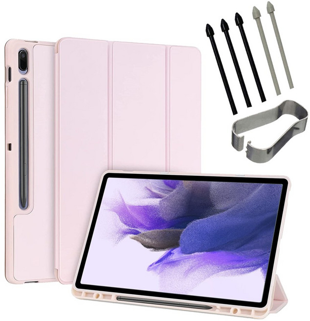 갤럭시탭S7 FE 호환 S펜수납 북커버 케이스+펜촉 SM-T733N T735N T736N 12.4 케이스나라, 핑크
