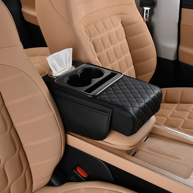 디에스가추몰 자동차 콘솔 쿠션 팔걸이 받침대 티슈 케이스 컵홀더 내장 수납함, 블랙, 컨텐츠 참조