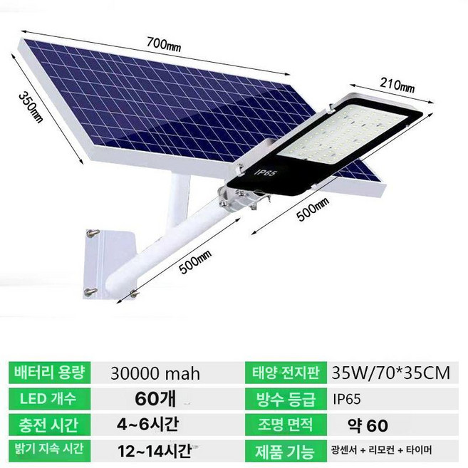 태양광 가로등 태양열 정원등 전등 투광등 전봇대 30000W 1520LM, 1개, 알루미늄 900W 골든빈 엔지니어링 밤