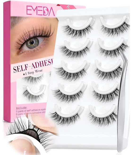EMEDA 셀프 접착 속눈썹 프리글루리스 - 내추럴 룩 노 14mm 캣 글루리스 인조 스트립 속눈썹에 재사용 가능한 스틱 필요 없음 (핀셋 포함 879개), 12mm 6D28