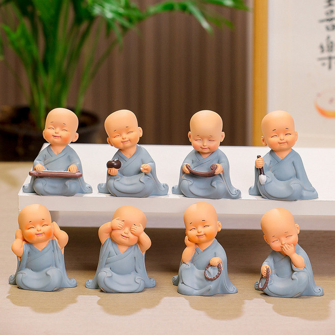 慧能和尚迷你小擺件 新中式禪意小沙彌茶臺裝飾品 居家辦公桌面擺飾, 藍色整套不重復【8個裝】