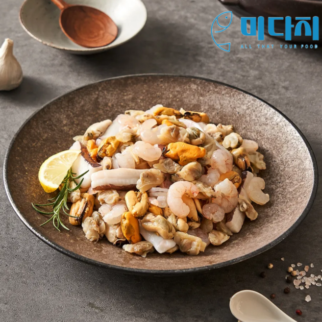 미다지 업소용 대용량 손질된 냉동 해물모듬 해물믹스5종 9.6kg (홍새우 대왕오징어 몸채 홍합 바지락 오징어귀채), 1박스