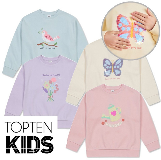 탑텐키즈 여아 봄 간절기 화사한 컬러감을 가진 반전 그래픽 스팽글 더블시퀸 맨투맨 티셔츠