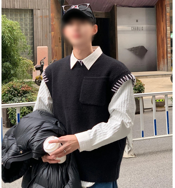 日係簡約針織毛衣背心 韓版寬鬆休閒百搭馬甲外套 羊羔毛保暖
