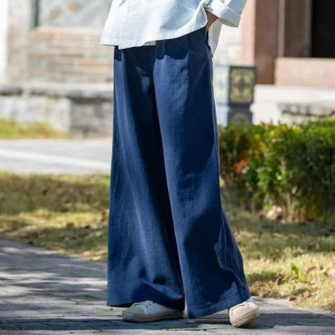 棉麻闊腿褲女 高腰顯瘦 寬褲 亞麻休閒長褲 鬆緊腰 慵懶風