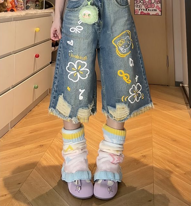 COSYEVNO 여성 7부 데님 와이드 팬츠 캐릭터 프린팅 캐주얼 여름 반바지