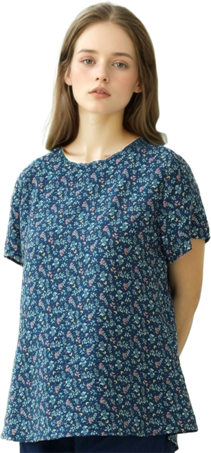 캐리루시 인견 나염 라운드 반팔 블라우스