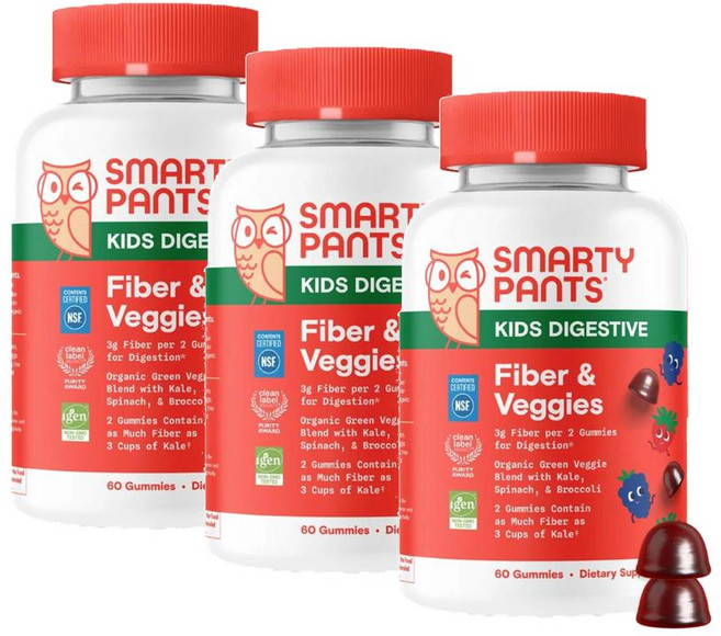 스마티팬츠 키즈 파이버 앤 베지 어린이 야채 식이섬유 믹스베리맛 구미 젤리 SmartyPants Kids Digestive Fiber & Veggies, 3개, 60정