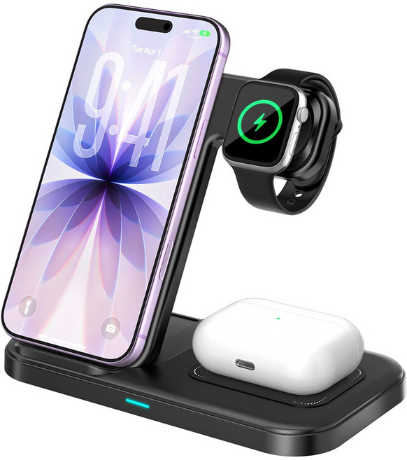 Mankiw맨큐 접이식 3in1 무선충전기 아이폰 애플워치 에어팟 고속충전 돼지코 포함, 블랙(어댑터 미포함), 1개