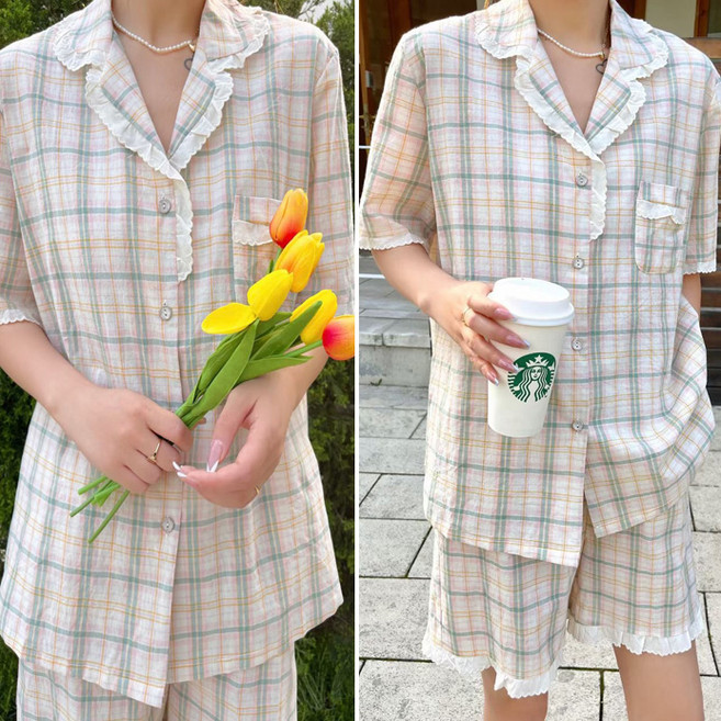 클래식 체크 시원한 아사면 프릴 여성 잠옷 파자마세트 여자 홈웨어 실내복