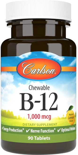 칼슨 - 씹어먹는 B-12 1000 mcg 에너지 생성 Carlson - Chewable B-12 1000 mcg Energy Production & Nerve Funct, 1개(90팩), 1개, 90정 - 쿠팡