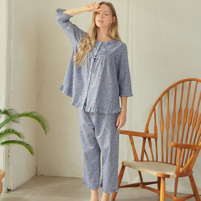 메이플라워 진한블루꽃 7부 순면 여성 빅사이즈 잠옷 홈웨어 세트