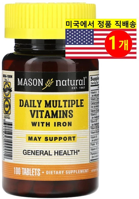 Mason Natural 데일리 멀티비타민 철분 함유 Daily Multiple Vitamins & Iron, 1개, 100정 - 쿠팡