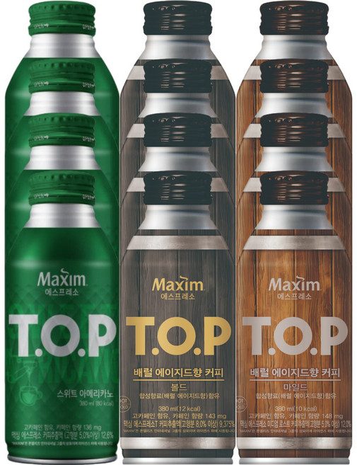 동서 맥심 에스프레소 티오피 TOP 캔커피 음료 3종 4개씩(스위트아메리카노+배럴볼드+배럴마일드), 12개, 380ml