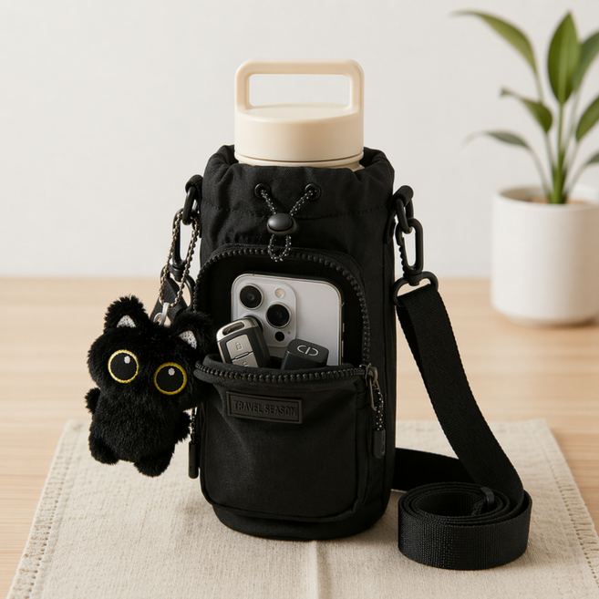 파이알 지퍼 텀블러 크로스백 가방, 1개, 블랙