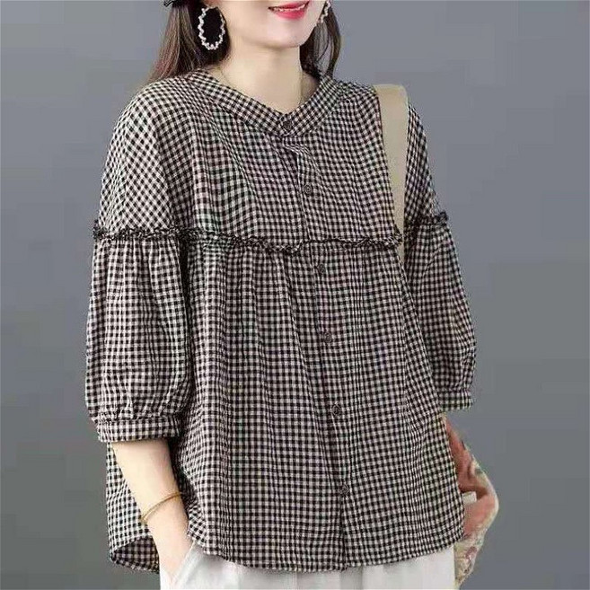SAHINER 여성 7부 체크 프릴 단추 셔츠 캐주얼 봄가을 데일리 ATX73
