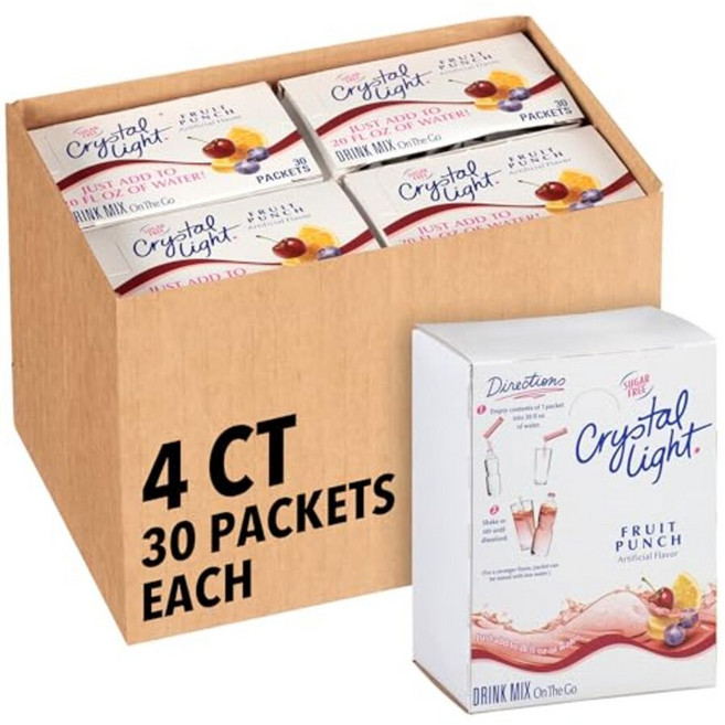 크리스탈라이트 드링크 믹스 온 더 고 무설탕 3.11g 30개입 4개 프루트 펀치 (Fruit Punch) 120