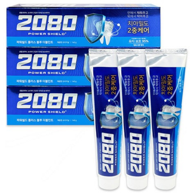 2080 파워쉴드 플러스 블루 더블민트 140g 3입 -TJ 2080치약 치약 칫솔 양치 양치질, 1개