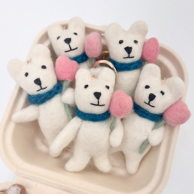 반타 핸드메이드 양모 펠트 동물 인형 키링 키홀더, 1개, 핑크하트하얀곰