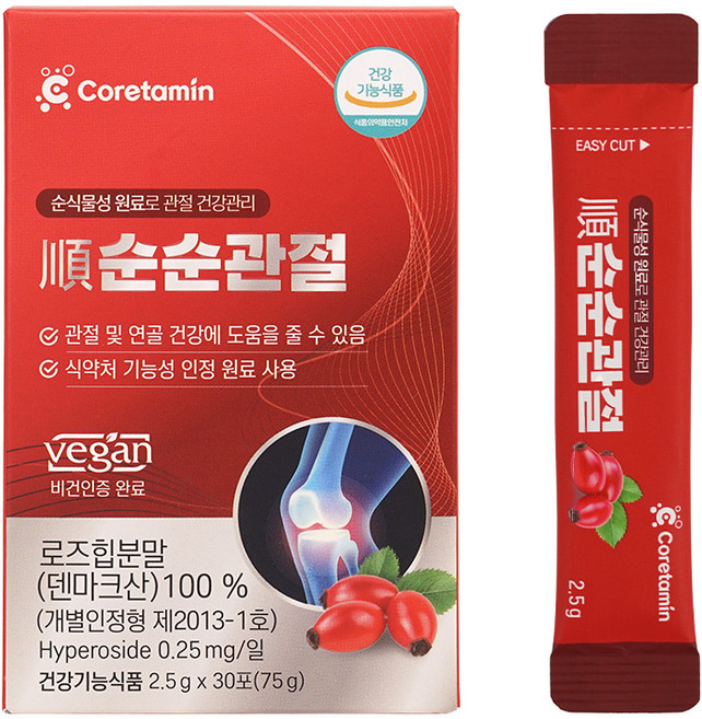 코어타민 순순관절 식약처 인증 정품 비건인증 남성 여성 관절연골 영양제 무릎 손가락 류마티스 관절염 통증 기능성 로즈힙 분말, 1박스, 75g