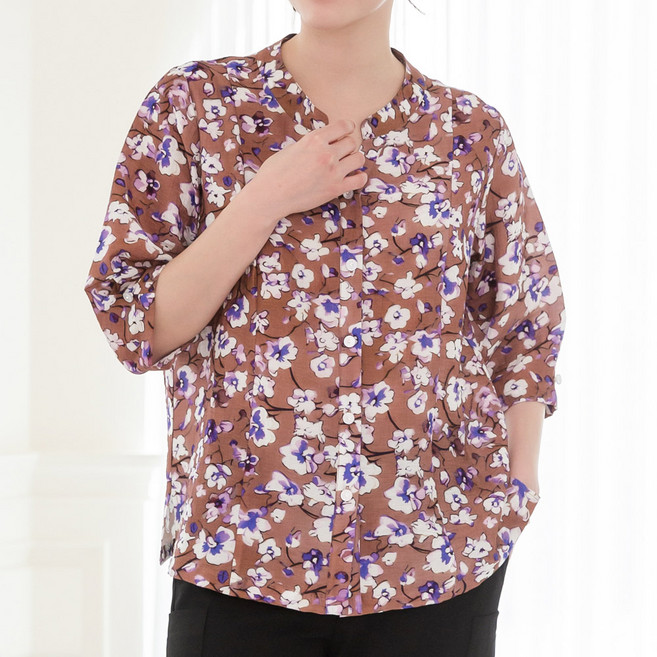 이브바바 여성 인견 마 혼방 꽃무늬 7부 셔츠블라우스