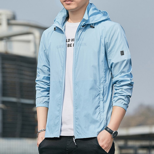 Asure 남성 여름 아웃도어 바람막이 후드 카디건 낚시복, 라이트 블루