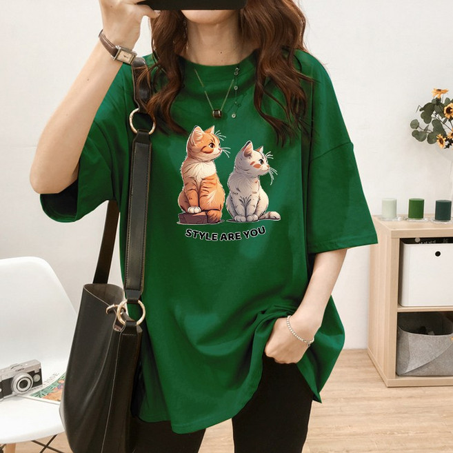 스타일아유 면100% 순면 귀여운 고양이 프린트 여름용 오버핏 반팔 티셔츠 원작 빅사이즈 루즈핏 반팔티 롱티 자체제작