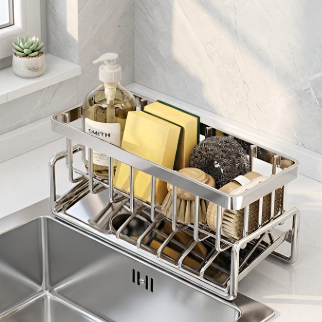 코레브 깔끔관리 공간확보 올스텐 물빠짐 싱크대 수세미 거치대, 1개, 실버