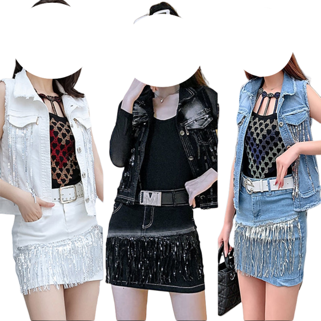 트로트 고고 장구 난타 행사 공연복 의상 스팽클 술 무용 재즈 댄스 데님 조끼 치마 세트, 화이트 조끼와스커트