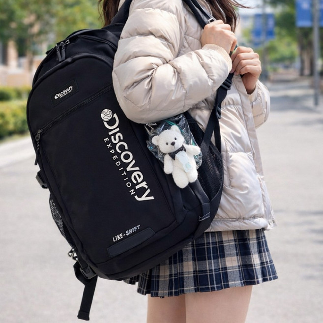 (국내매장정품) 디스커버리 라이크 에어 시프트 백팩 lasb 학생 남녀공용 중학교 고등학교 신학기 책가방 BLACK + TORION 신발 파우치 여행용