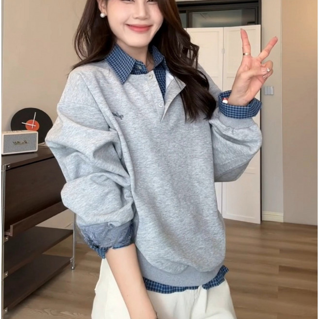 SAHINER 겨울 여성 하프단추 셔츠 레이어드 맨투맨 AWY81