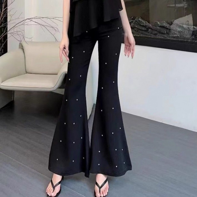 미중 여성 여름 뉴 빅사이즈 프린트 파점 패션 나팔 하이웨스트 개성 날씬 바지 cy