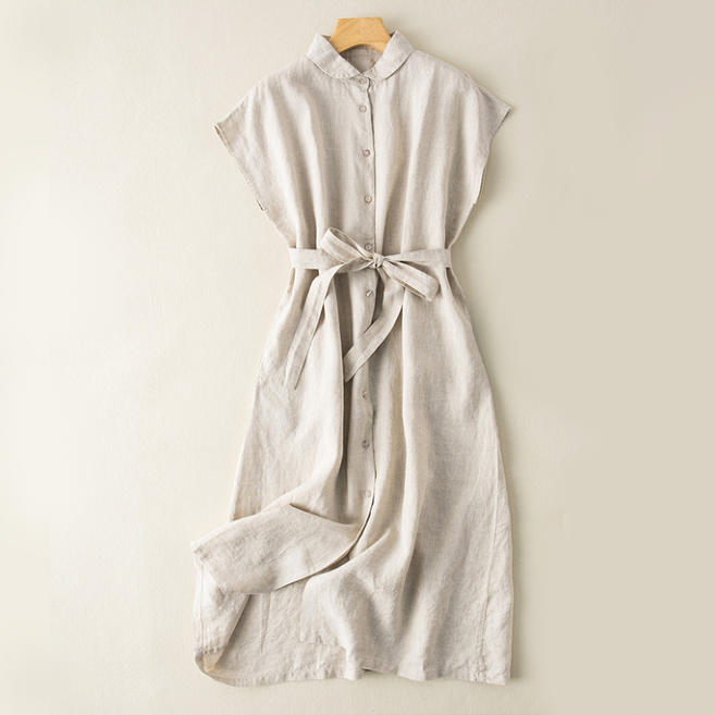 ZAJA 여성 여름 셔츠 롱원피스 린넨 허리끈 루즈핏 반팔 데일리 원피스
