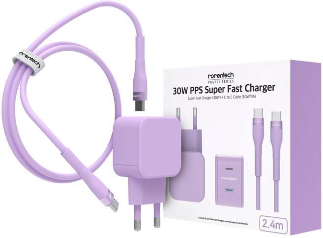 로랜텍 파스텔 PPS PD 초고속 충전기 30W + C타입 to C타입 케이블 2.4m 세트, 퍼플, 1세트
