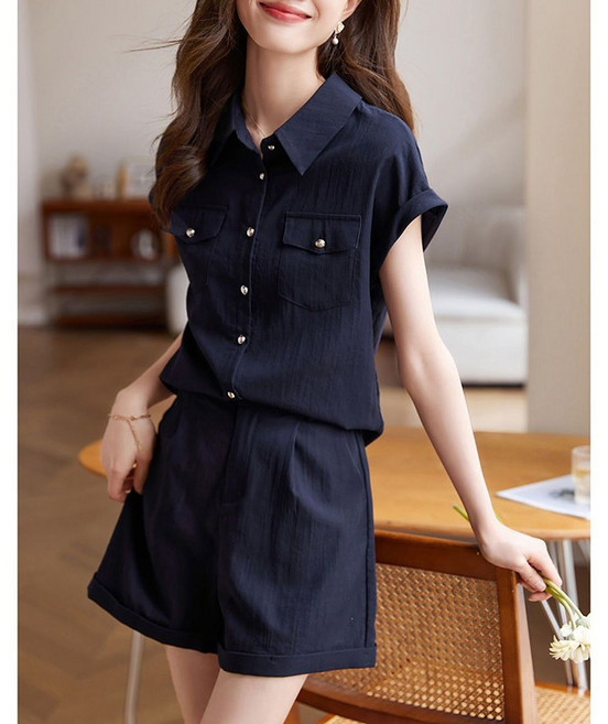 여성 패션 트위드 반팔 세트 봄 여름 기질 명원풍 코트 상의 + 반바지 캐주얼 루즈핏 투피스 WMY